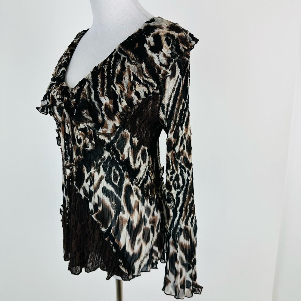 Alberto Makali 90’s Animal Print Ruffle Lace Crinkle Mixed Media Top Size Large - Picture 9 of 15